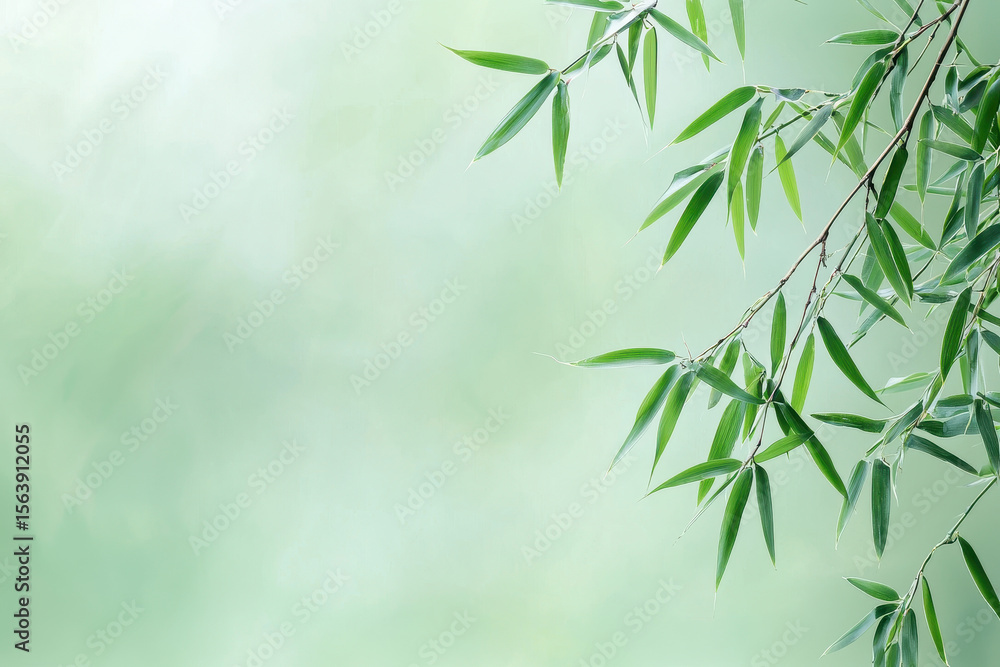 Fototapeta premium Bamboo leaves gently sway against soft green background, creating serene and calming atmosphere