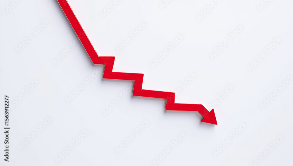 Fototapeta premium Downward Trend Arrow on White Background Symbolizing Economic Decline and Market Crash with a Focus on Financial Loss and Recession in Business and Investment Strategies