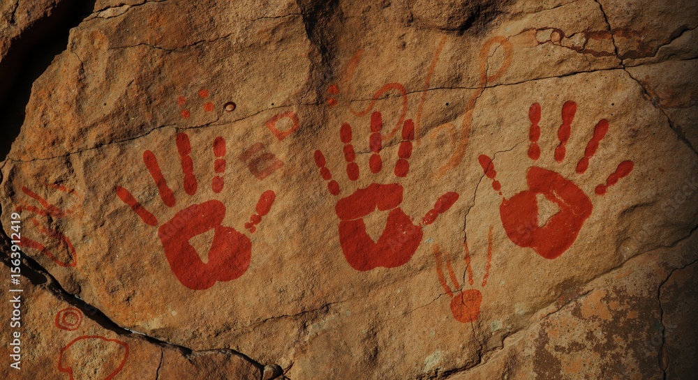 Fototapeta premium Ancient rock art featuring red handprints on stone surface 