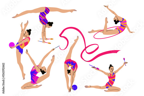Vector set with gymnasts. Young women with clubs, hoop, ribbon and ball perform elements and exercises