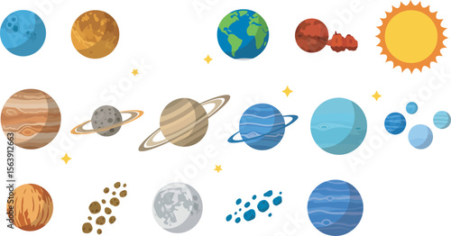 Cartoon depiction of the solar system featuring planets, sun, and asteroids on a white background.