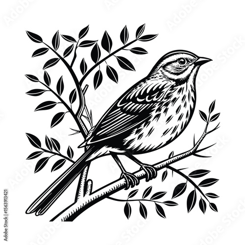 songbird illustration perched on a branch with leaves