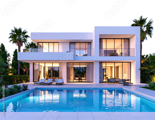 Modern Marbella Villa with Garden Pool, Front Angle View under Turquoise Sky, 3D Render