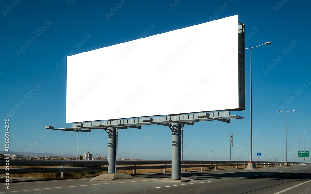 A large empty white billboard stands tall against a clear blue sky beside a highway ready for custom advertising A large empty white billboard stands tall against a clear blue sky beside a highway ready for custom advertising