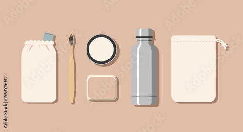 Eco-friendly toiletry set with bamboo toothbrush, reusable cotton bags, metal water bottle, and natural soap, perfect for sustainable travel and zero-waste lifestyle.