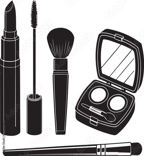 Black and white vector illustration of makeup products including lipstick mascara and eyeshadow