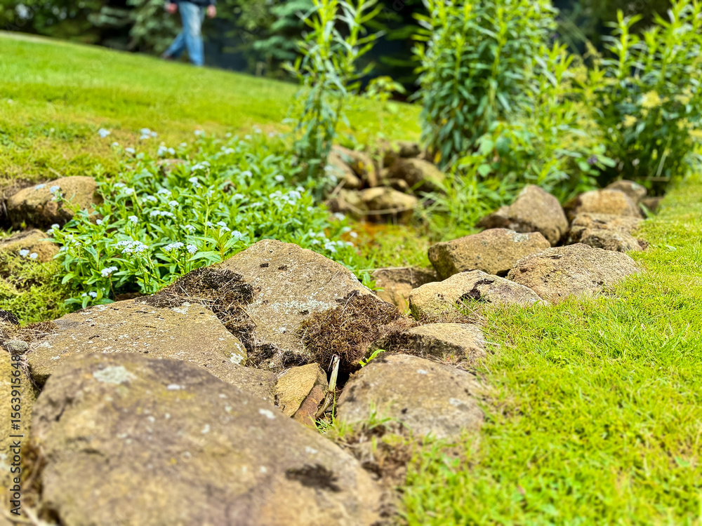Garden border made of natural stones with green grass and plants Garden border made of natural stones with green grass and plants