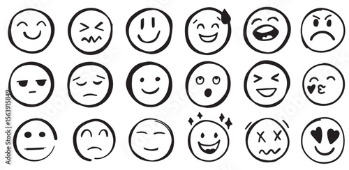 Hand drawn smiles. Doodle emotion faces. Freehand vector cute emoticon collection stock illustration