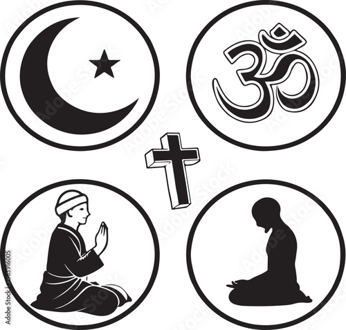 Vector illustration depicting religious symbols and figures in worship and meditation