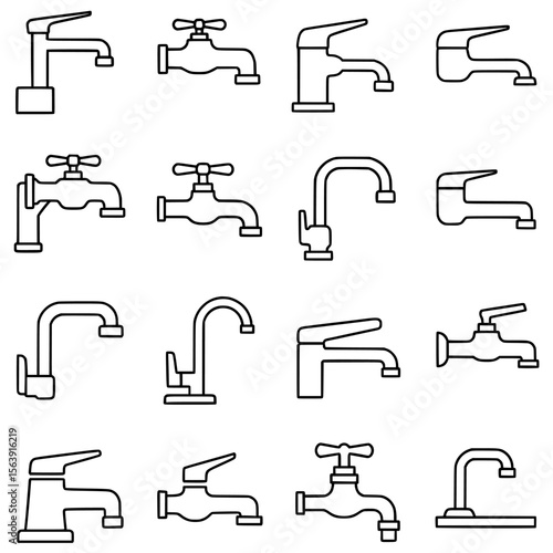 Multifunctional water faucet icon set in thin line style, featuring modern and classic design. Suitable for design projects related to plumbing, bathroom, kitchen, home maintenance and water supply.