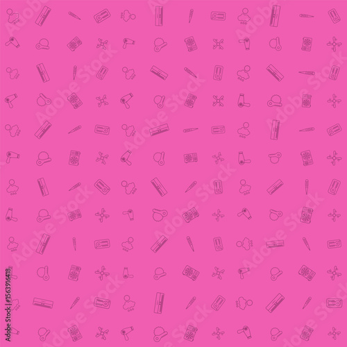 Rain cloud pattern, AC, thermometer, hair dryer, and fan. Line art style seamless vector for weather theme background.