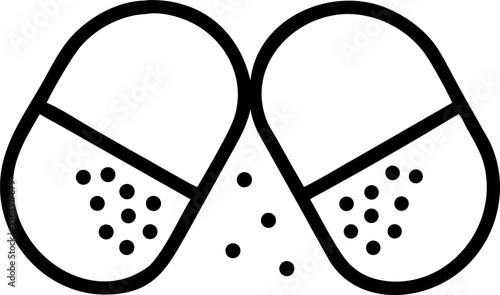 Abstract Bold Line Art Graphic of Two Capsules Splitting, Releasing Small Pellets; Minimalist Medical, Pharmaceutical, or Health Concept Illustration.