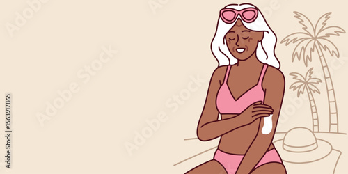 Elderly dark-skinned woman applies SPF to shoulder on sunny beach. She sits near palm trees and protects skin with sunscreen during vacation, banner, copy space