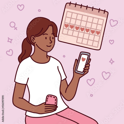 Dark skinned woman smiles while holding phone and standing near calendar. She tracks her period digitally
