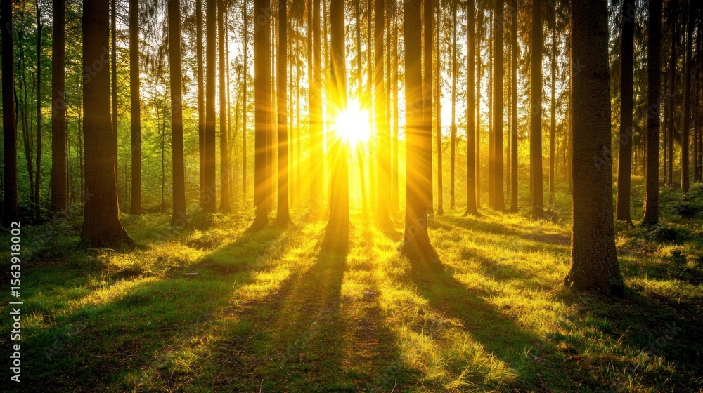 Naklejka premium Radiant Forest: Sunburst Through Trees, Golden Light on Green Grass