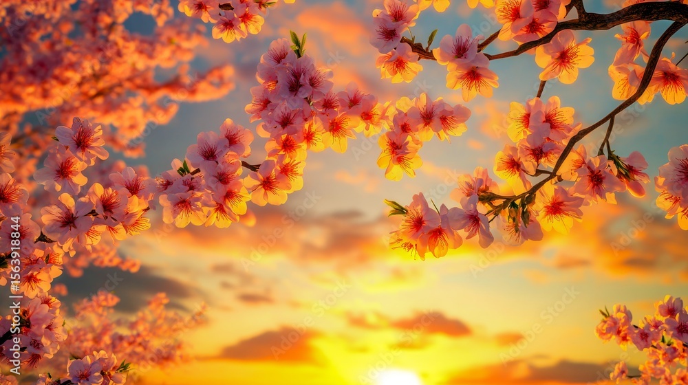 Cherry blossom tree branches bloom with vibrant pink petals, silhouetted against a breathtaking orange sunset. A serene moment in spring, nature's beauty shines through Cherry blossom tree branches bloom with vibrant pink petals, silhouetted against a breathtaking orange sunset. A serene moment in spring, nature's beauty shines through