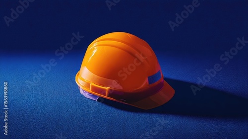 A bright orange construction helmet lies on a deep blue surface, showcasing its vibrant color and design that prioritize safety and visibility on job sites, particularly during daylight hours