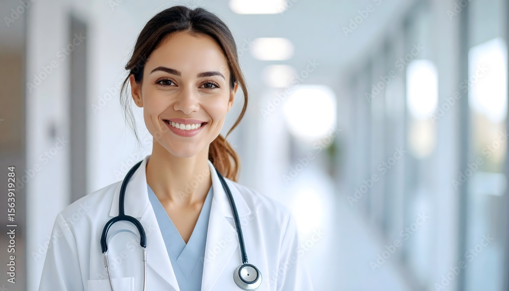Smiling Woman Doctor in White Coat with Stethoscope Standing in Bright Hospital Hallway Smiling Woman Doctor in White Coat with Stethoscope Standing in Bright Hospital Hallway