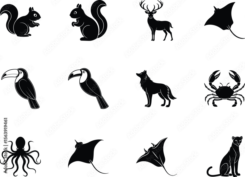 Naklejka premium A monochrome collection shows silhouettes of twelve various animals against a transparent background