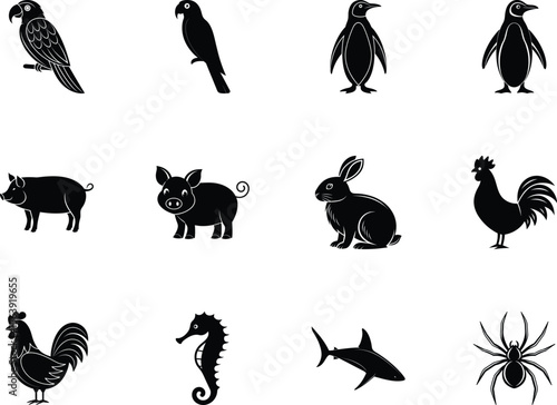Collection showcases diverse monochrome animals featuring avian, marine, and terrestrial species in simplified black forms