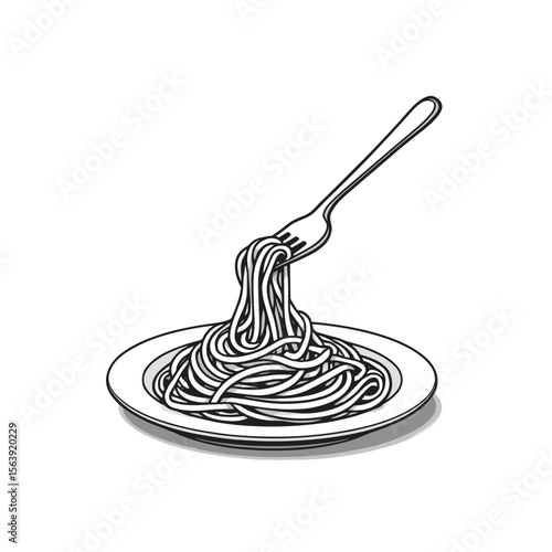 Black and white illustration of a fork picking up spaghetti from a plate on a transparent background  