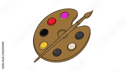 Wooden Art Palette with Rainbow Paint Blobs and Paintbrush – High-Resolution Image