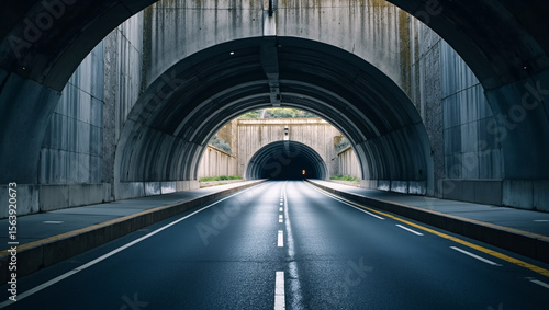 A road tunnel with concrete arches, a smooth asphalt road, and a distant light at the end, leading to the other side.