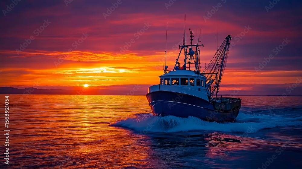 Fototapeta premium As the sun descends, a fishing boat makes its way back to shore, creating ripples in the shimmering sea. Silhouetted against an orange sky, this serene sight embodies the essence of maritime routine
