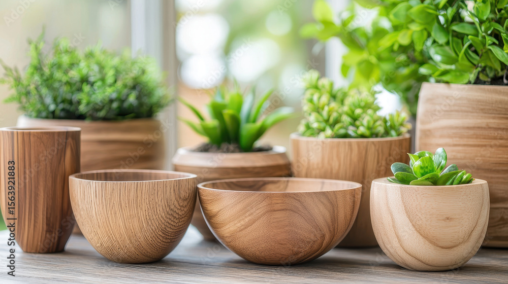 Handmade wooden bowls and pots with various green plants create serene and natural atmosphere Handmade wooden bowls and pots with various green plants create serene and natural atmosphere