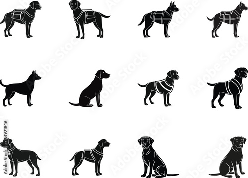 Twelve black silhouette dogs are shown in various poses on a transparent background