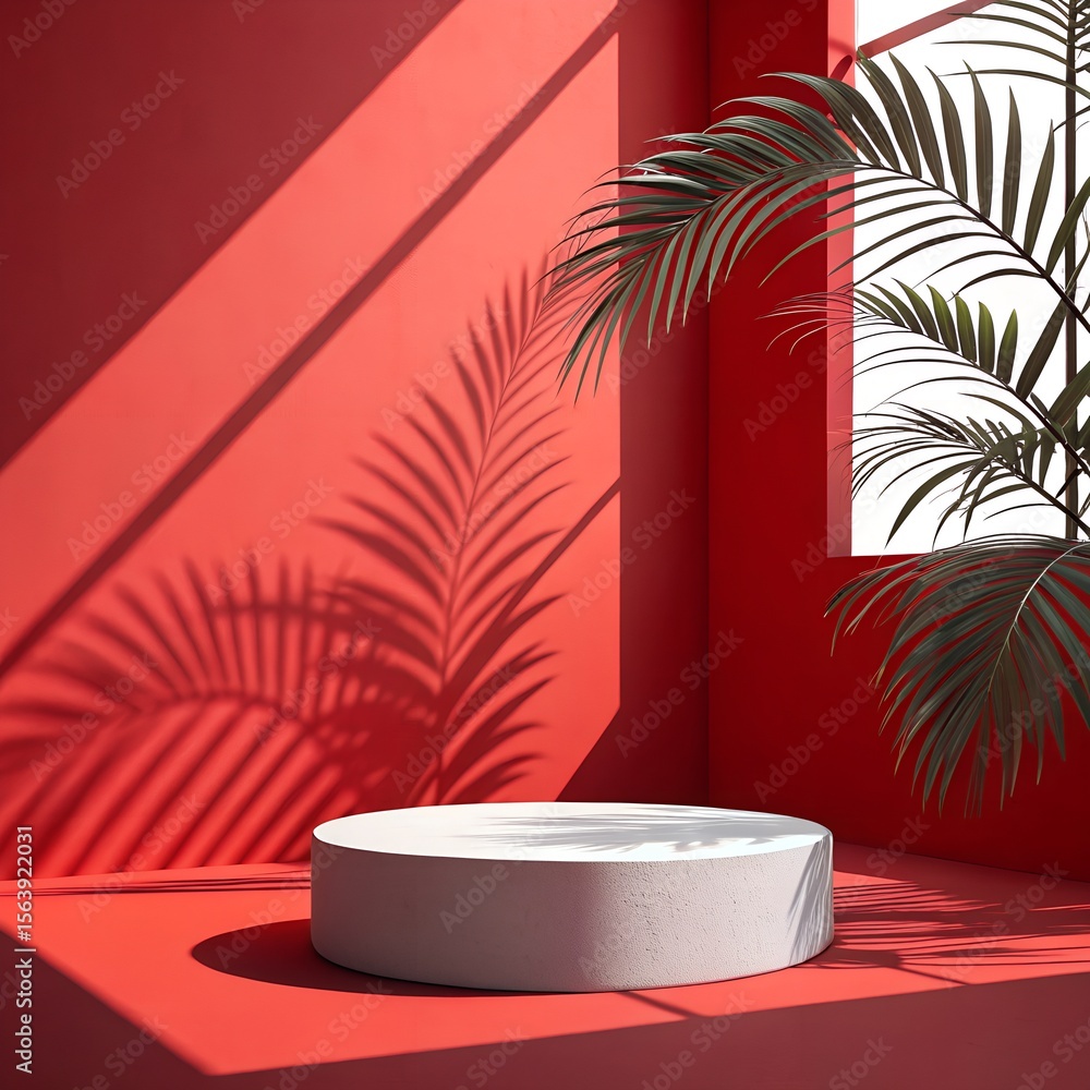 Minimalistic Top View Product Display Red 3d Podium Stand With Palm ...