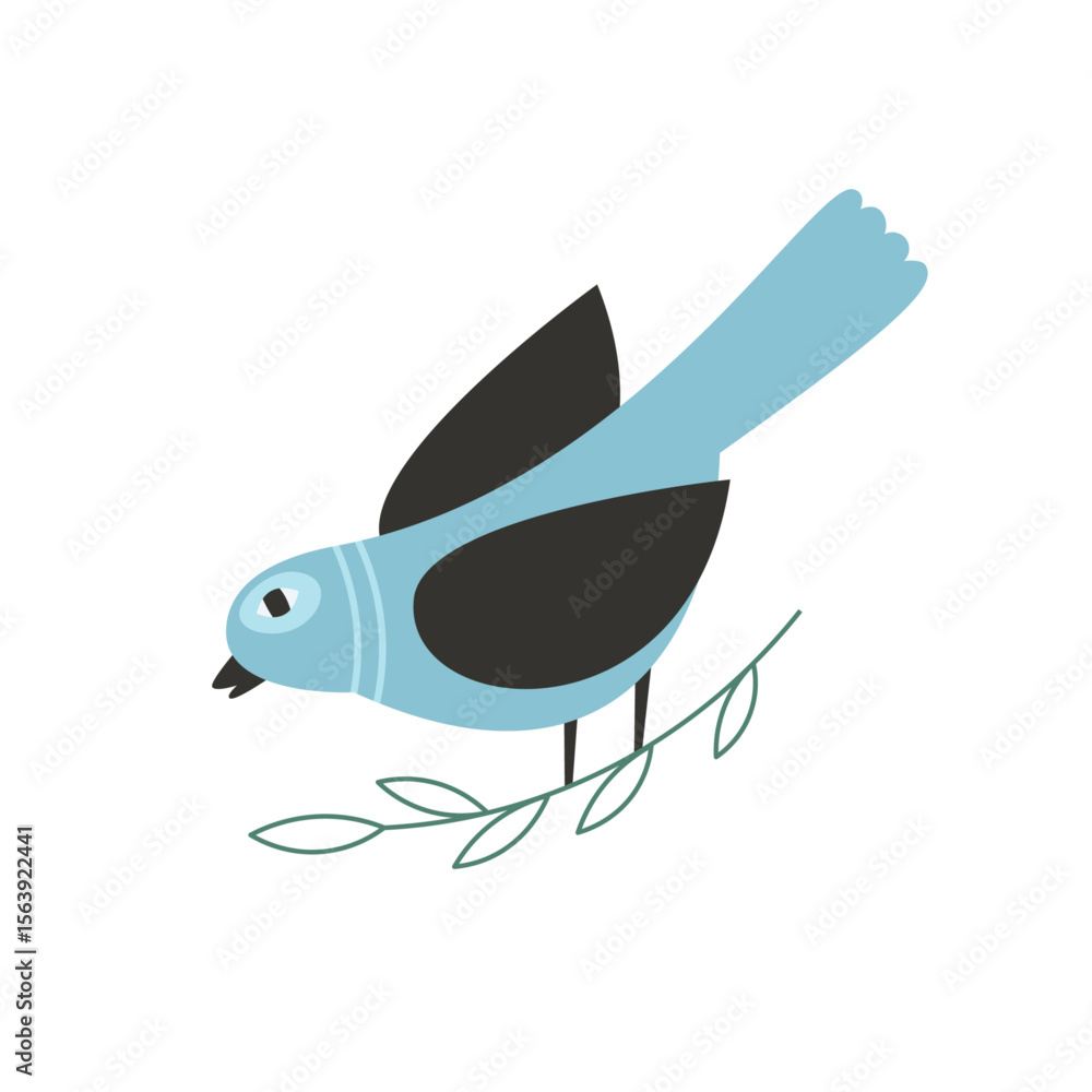Fototapeta premium Blue cartoon bird on branch. Cute vector illustration with bird