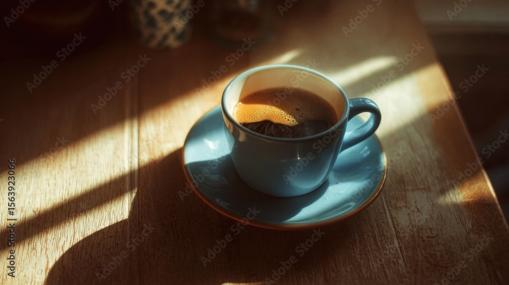 Obraz premium Golden Hour Espresso: Freshly Brewed Coffee in Blue Cup with Morning Sunlight