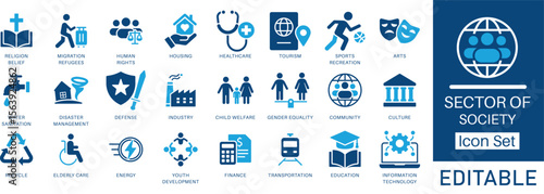 Sector of society flat icon set showcasing 24 editable symbols including healthcare, education, finance, gender equality, and energy. Perfect for UI, presentations, infographics, and awareness project