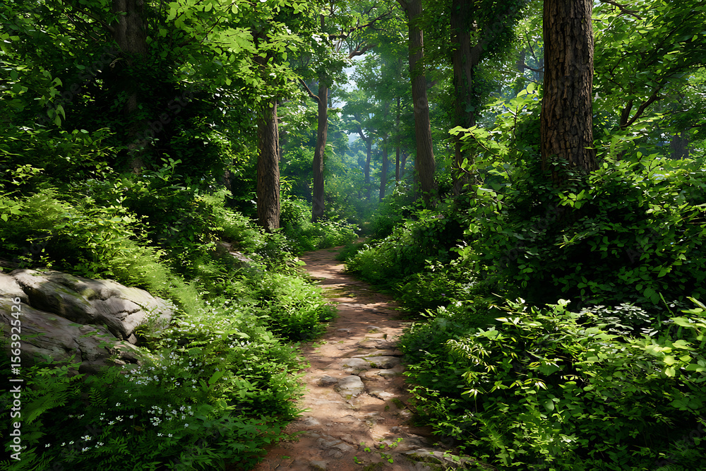 Fototapeta premium Sunlit forest path winding through lush green foliage and ancient trees sunlight