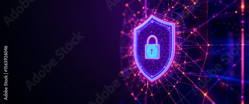 Abstract 3d cyber security shimmering protection shield on the middle of the connected protection glowing network with negative space on the right transparent glasd, dark purple gradient theme, glowin
