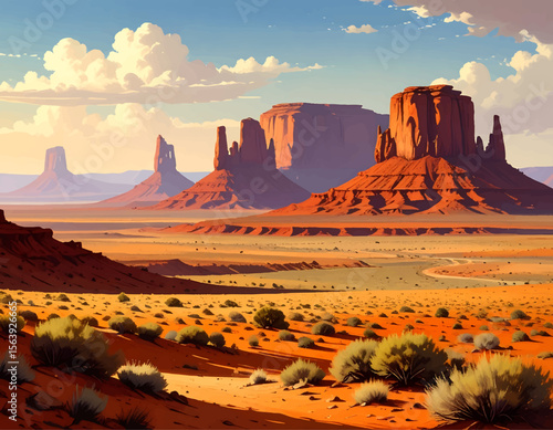 Majestic sandstone buttes dominate a vast, sun-drenched desert landscape under a partly cloudy sky.