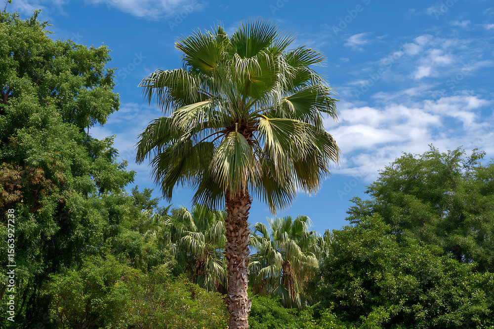 Obraz premium Tall palm tree surrounded by lush green foliage under a blue sky tropical