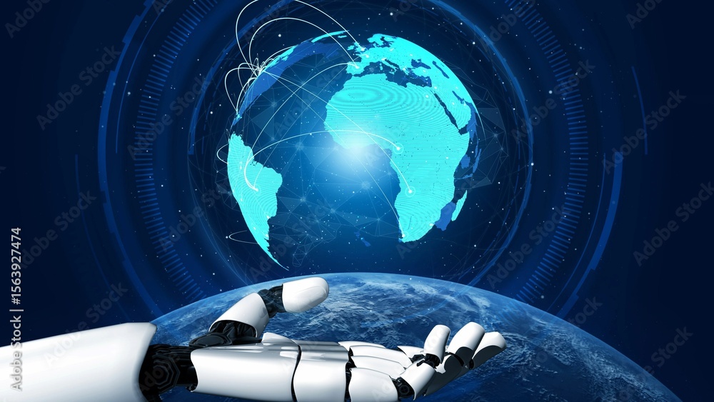 Fototapeta premium AI supports global data exchange with intelligent infrastructure, virtual assistant visualizations, and artificial intelligence tools for network connectivity analysis. Thunk