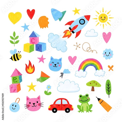 Collection of cheerful crayon drawings of various objects and animals isolated on white background