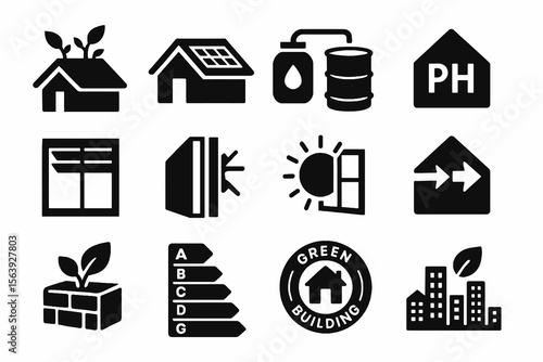 Black icons on white background for eco-friendly construction. Minimal vector set for sustainability.