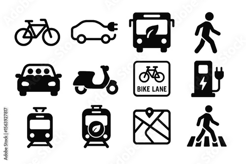 12 black sustainable transport icons on white. Vector for green mobility and eco design.

