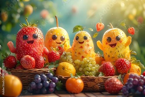Cute Smiling Fruits in Basket