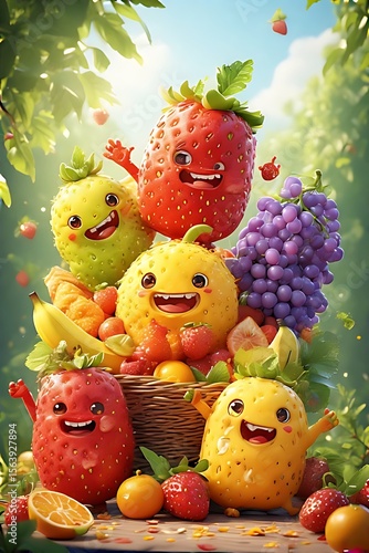 Cute Smiling Fruits in Basket