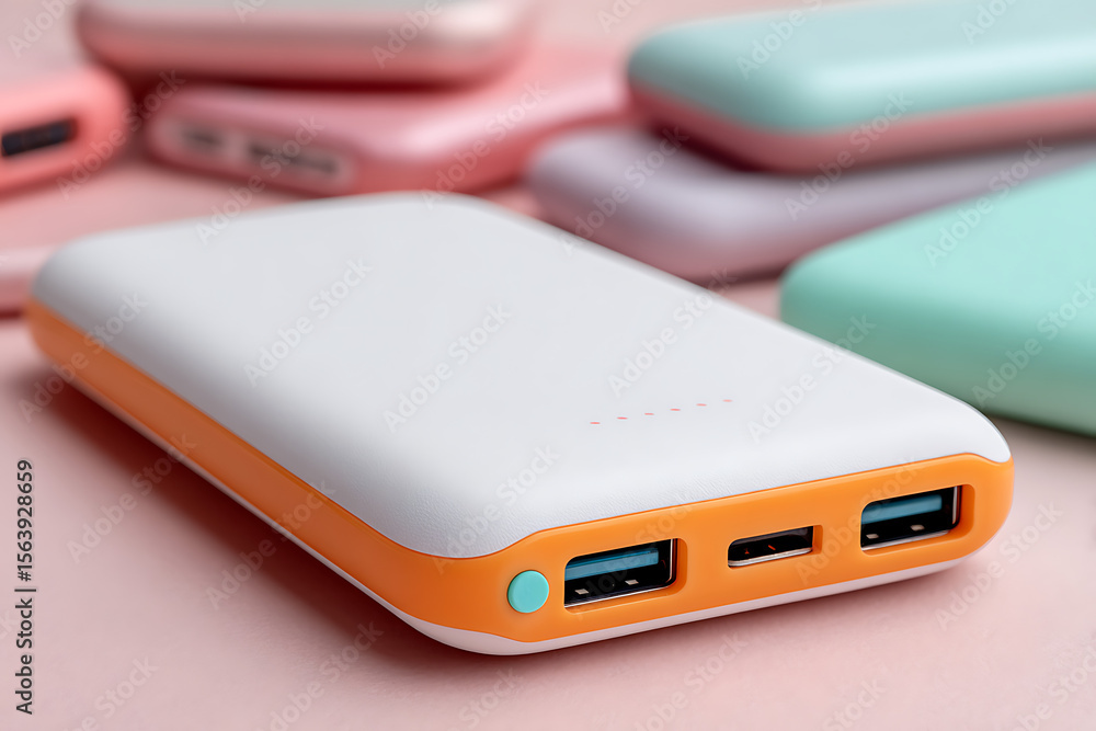 White and orange portable power bank with blue ports and pink indicators portable charger battery White and orange portable power bank with blue ports and pink indicators portable charger battery