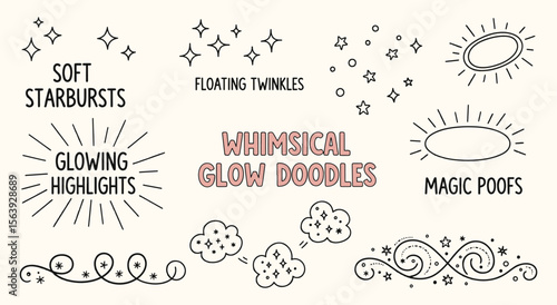 Whimsical Glow Doodles. Hand drawn sparkle and starburst essentials kit. Cute vector line art for social media, photos, or magical designs.
