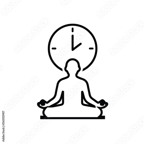 Mindfulness icon. meditation timer. person sitting lotus with clock behind. mental health, calmness, exercise. Outline design style