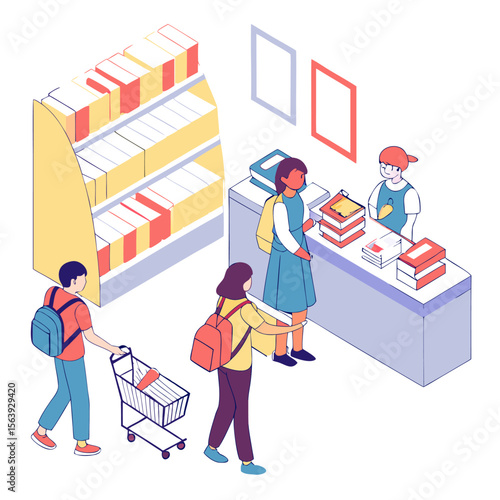 Isometric illustration of diverse people shopping for books at a bookstore with shelves and a checkout counter conveying a sense of community and learning