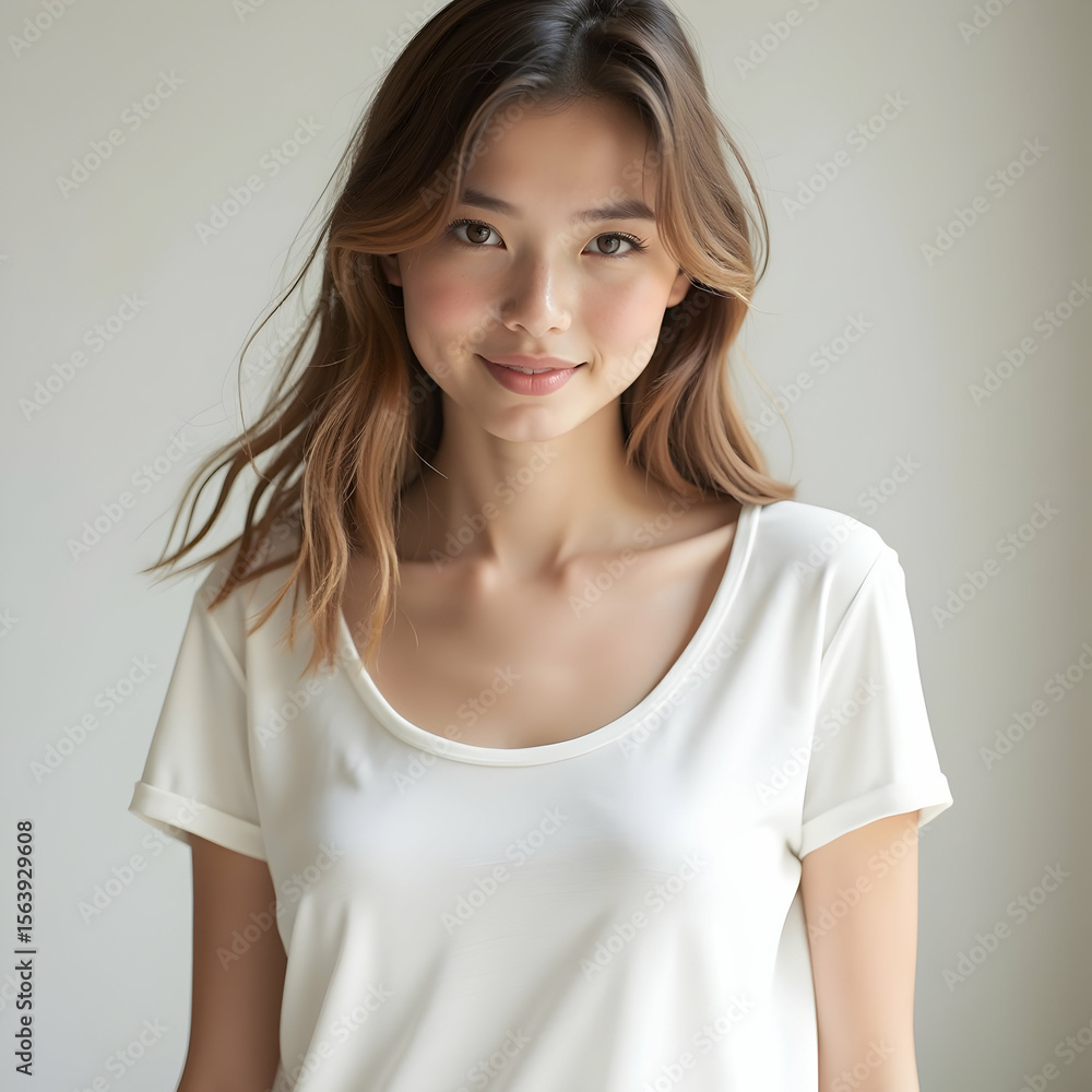 Smiling Woman Wearing White Top in Neutral Studio Portrait Smiling Woman Wearing White Top in Neutral Studio Portrait
