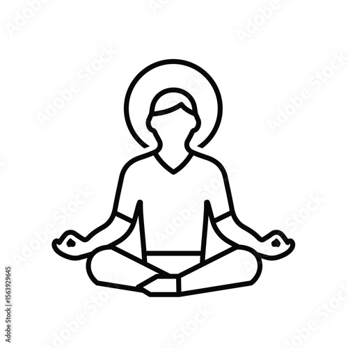 Mindfulness icon. Meditation and yoga. Lotus sitting person with circular aura. Mental health, calmness, sport. Outline design style